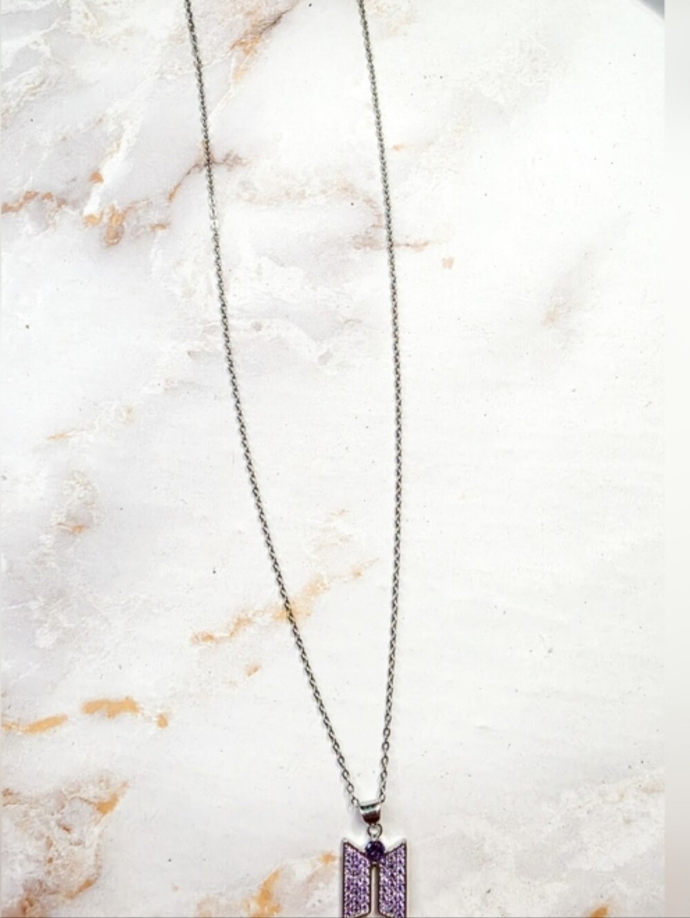 BTS Inspired Purple Crystal Logo Necklace Kpop ARMY Fan Jewelry Silver Tone - Picture 7 of 7